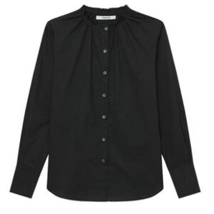 THAKOON NWT Smocked Neck Buttondown Blouse Black Poplin Long Sleeve Size Large